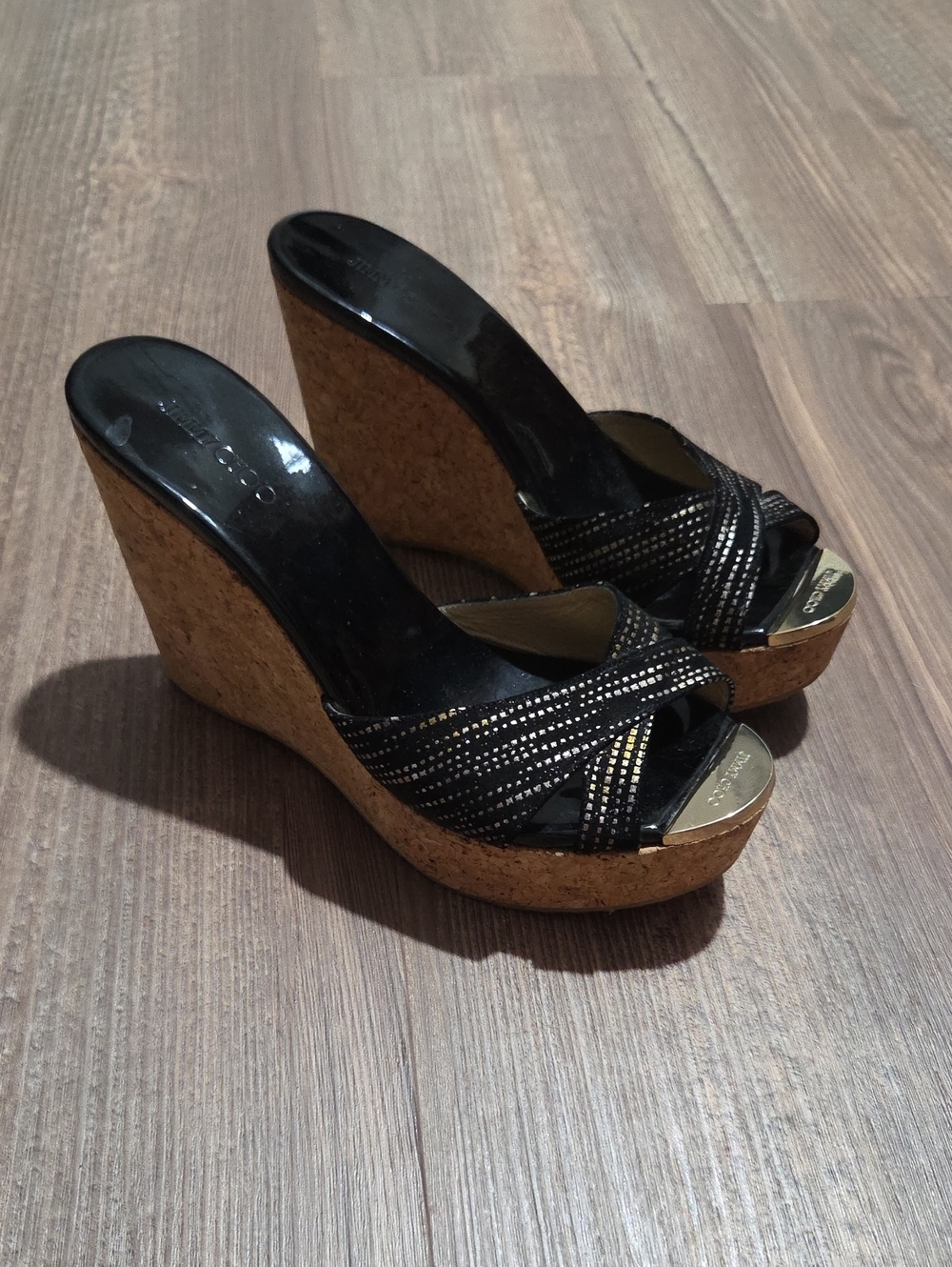 Jimmy Choo Black Cork Wedge Sandals with Metallic Accents